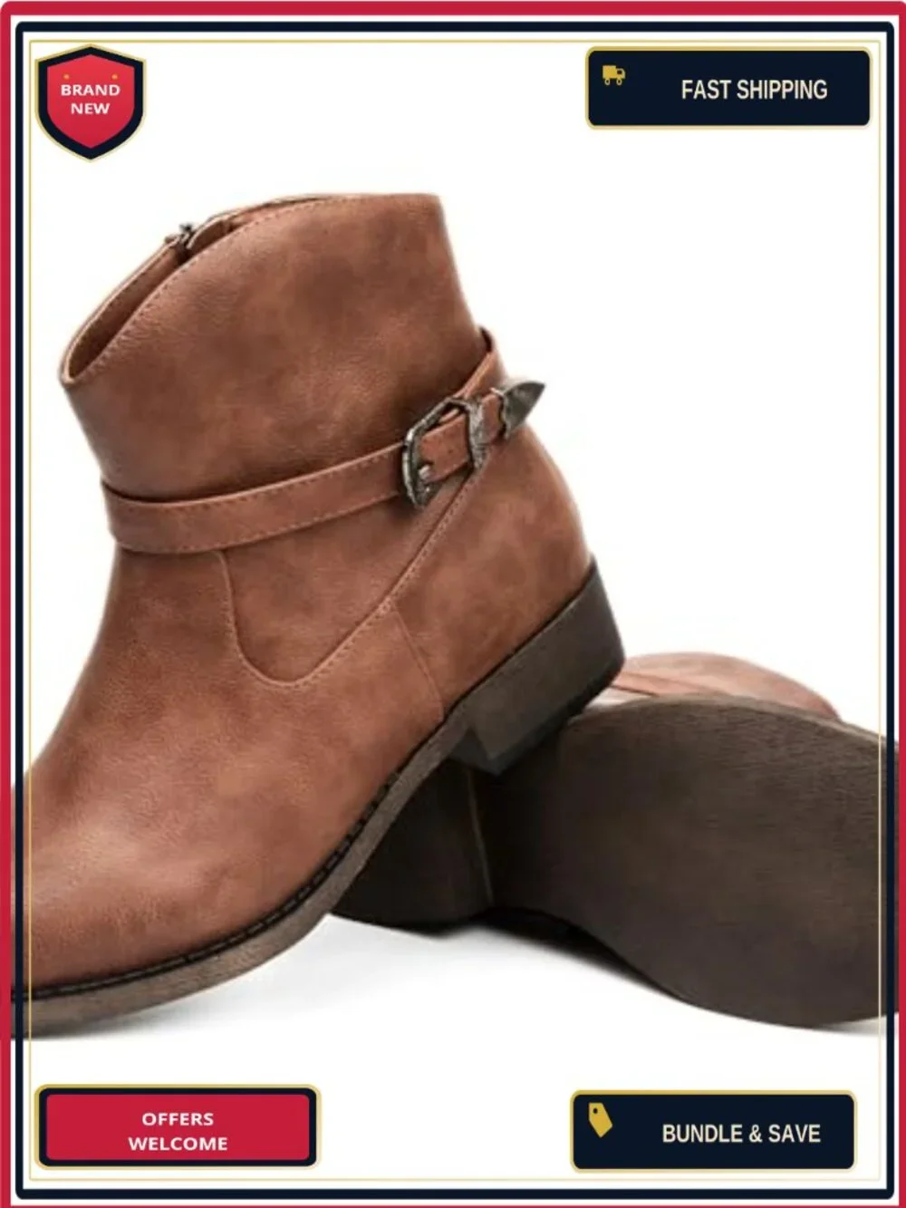 Women's Ankle Boots Low Chunky Heel Faux Leather Zipper Round Toe Cowboy Cowgirl